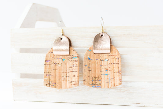 Leather Earrings / Fringies / Oil Spill Cork & Metallic Rosegold