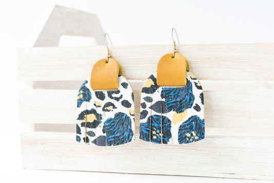 Leather Earrings / Fringies / Spotted Floral Cork & Vintage Goldenrod