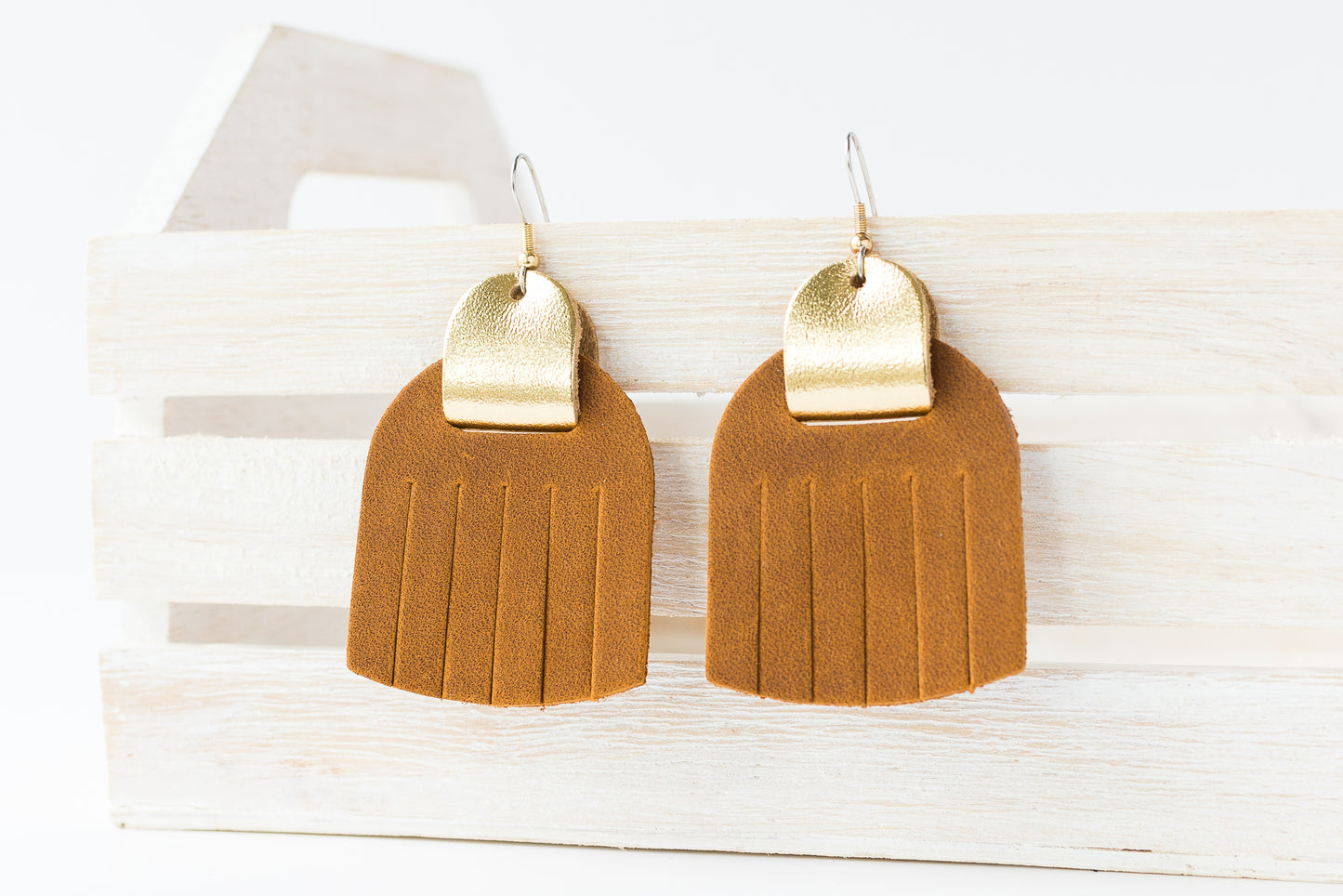Leather Earrings / Fringies / Nubuck Saddle & Metallic Gold