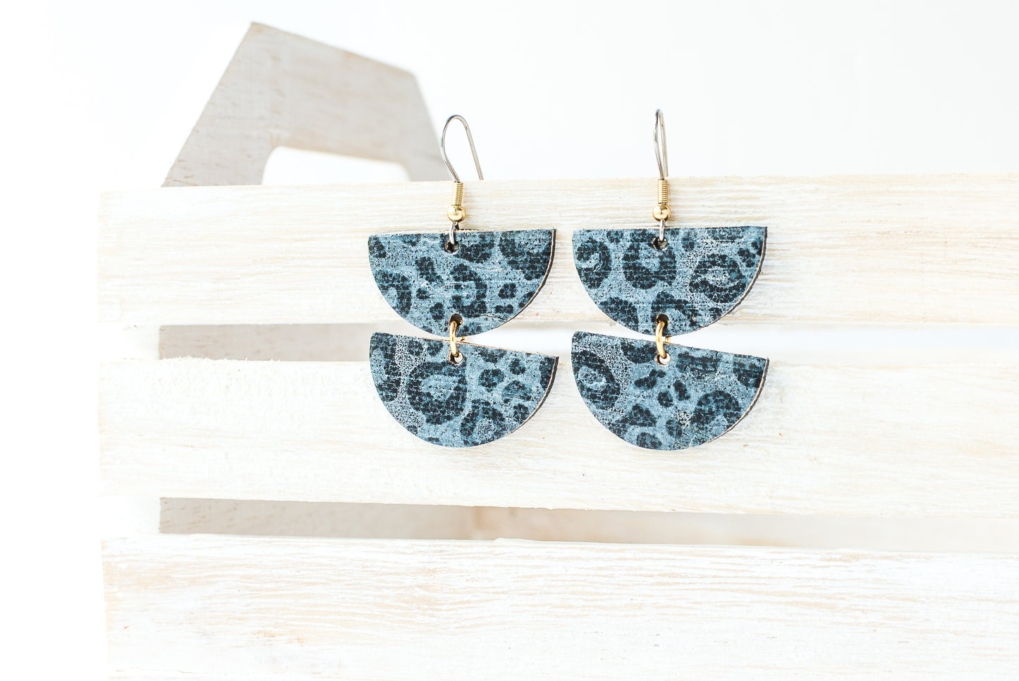 Leather Earrings / Demi Luna / Black Leopard Cork