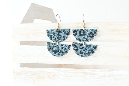 Leather Earrings / Demi Luna / Black Leopard Cork