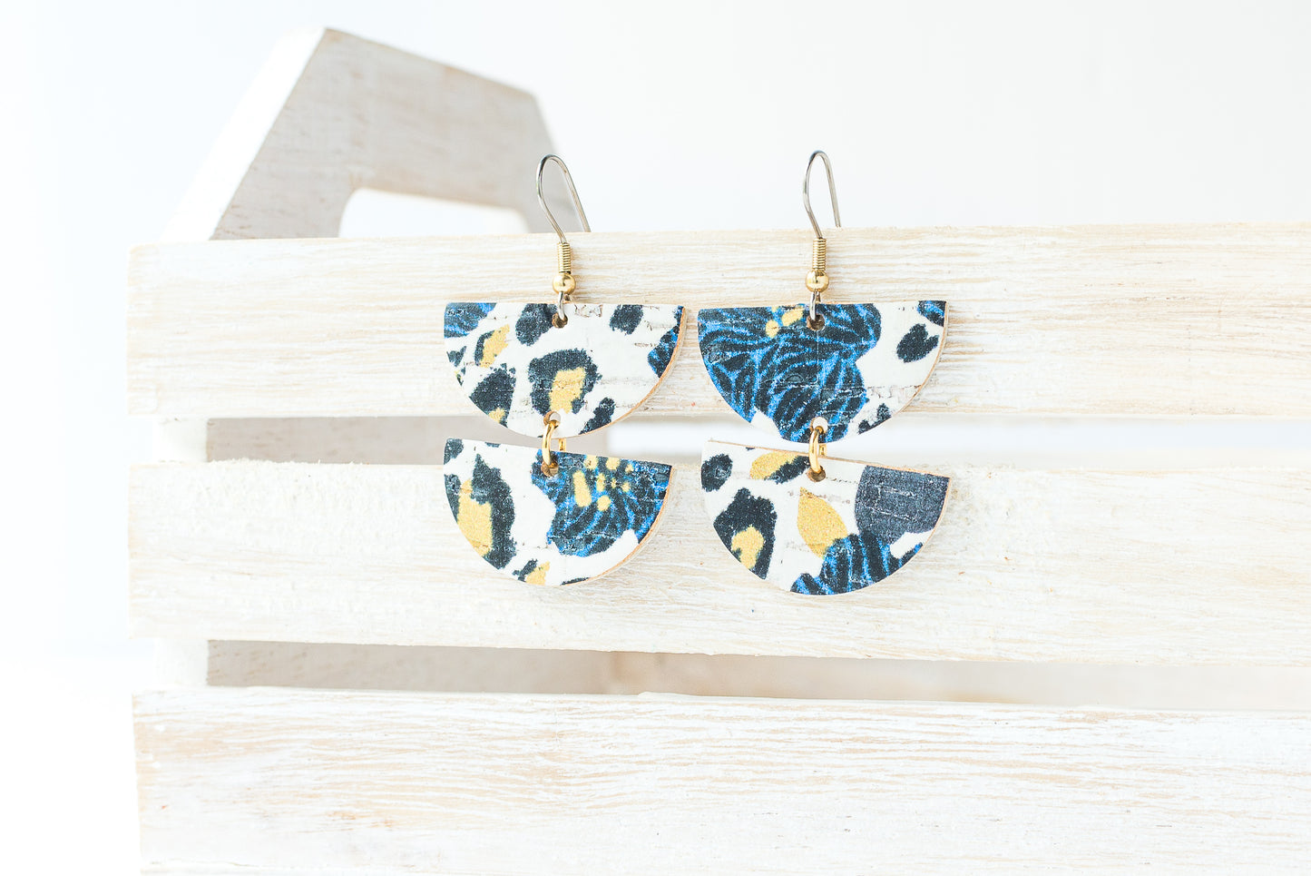 Leather Earrings / Demi Luna / Spotted Floral Cork