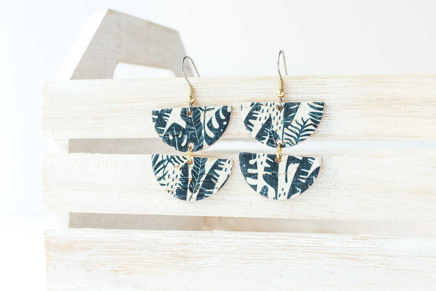 Leather Earrings / Demi Luna / Ivory Monstera Cork