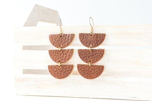 Leather Earrings / Tri Luna / Saddle Brown