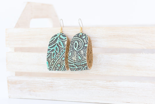 Leather Earrings / Mini Sliced / Paisley Turquoise