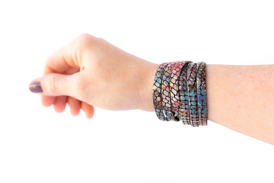Leather Bracelet / Skinny Sliced Wrap Cuff / Prism Snake