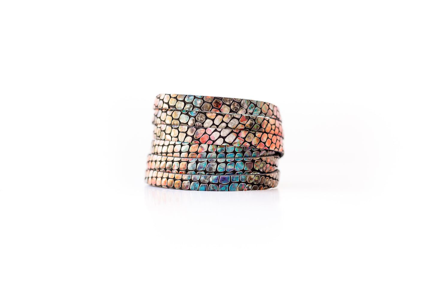 Leather Bracelet / Skinny Sliced Wrap Cuff / Prism Snake