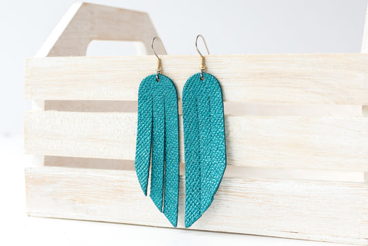 Leather Earrings / Fringe / Teal Quartz Shimmer