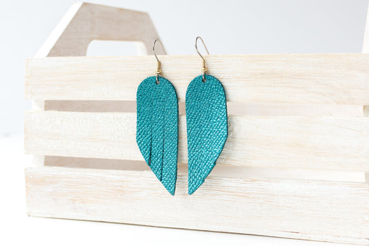 Leather Earrings / Mini Fringe / Teal Quartz Shimmer