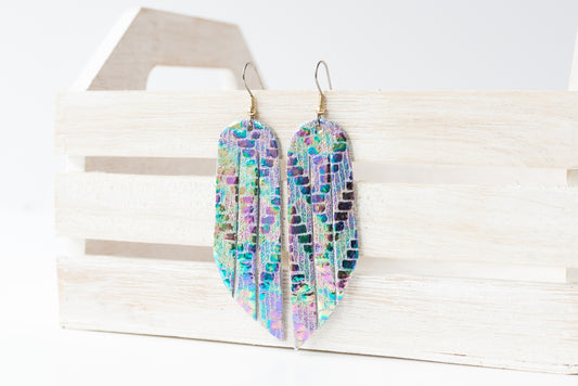 Leather Earrings / Fringe / Woven Oil Spill