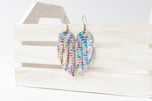 Leather Earrings / Mini Fringe / Woven Oil Spill