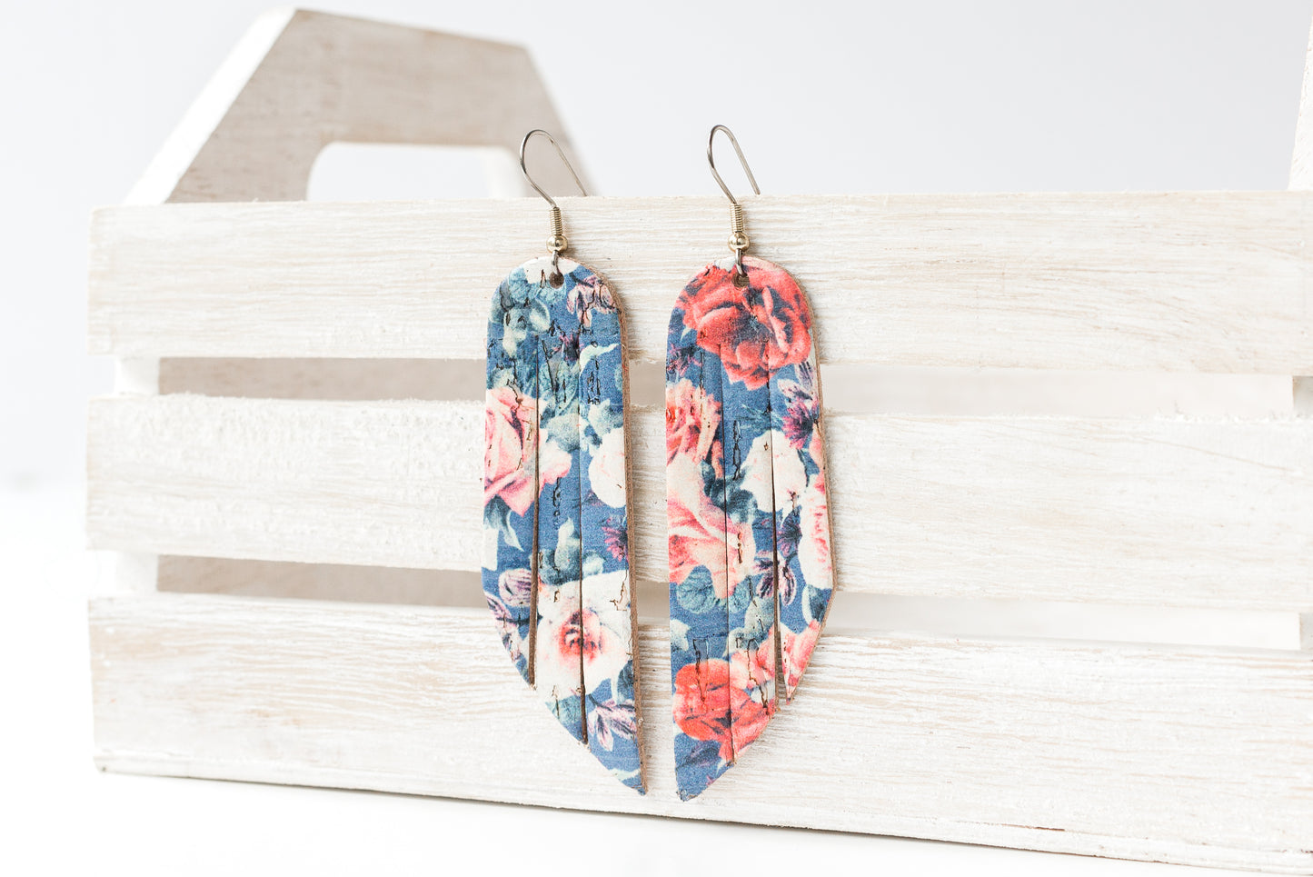 Leather Earrings / Fringe / Pink Roses Cork