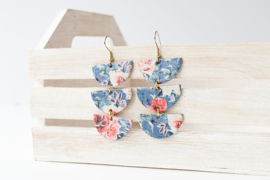 Leather Earrings / Tri Luna / Pink Roses Cork