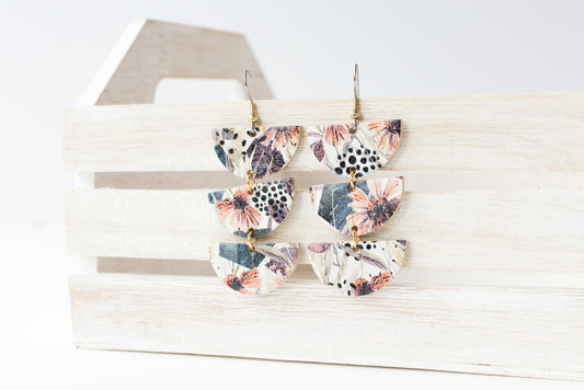 Leather Earrings / Tri Luna / Pressed Flowers Cork