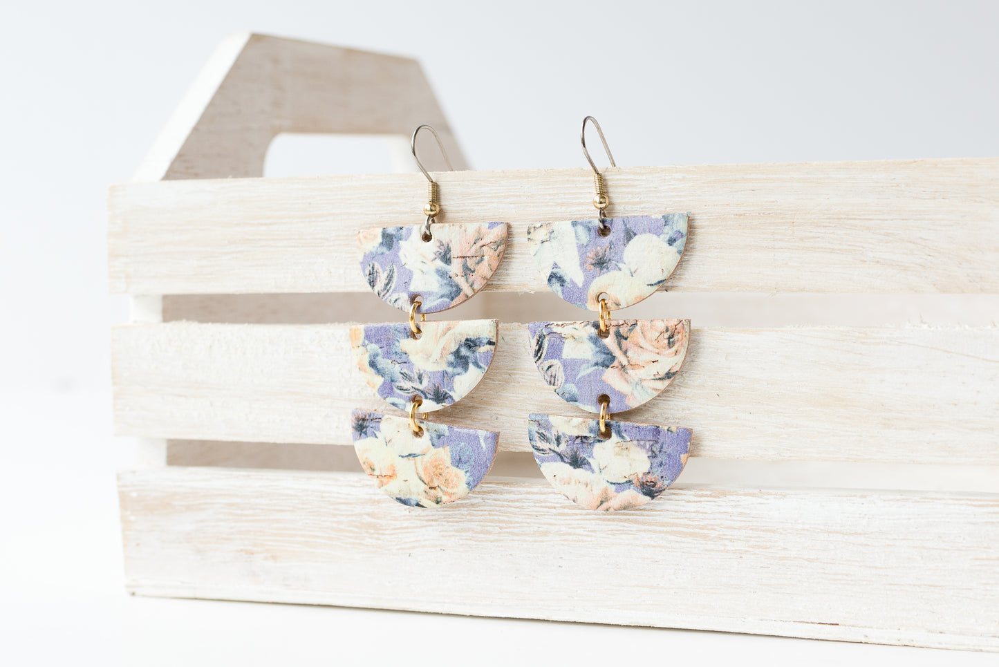 Leather Earrings / Tri Luna / Yellow Roses Cork