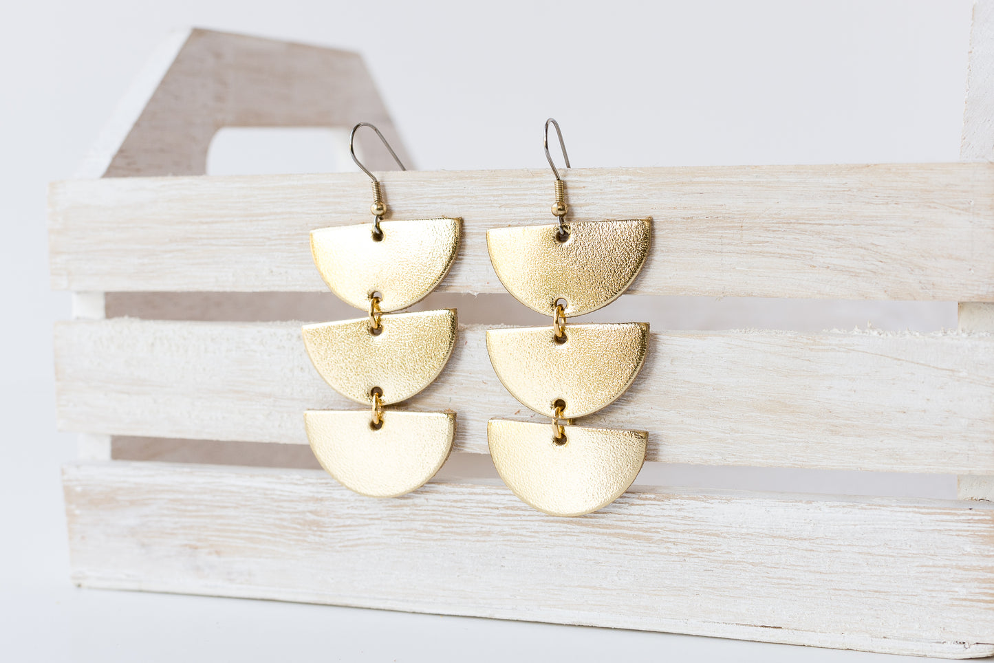Leather Earrings / Tri Luna / Metallic Gold