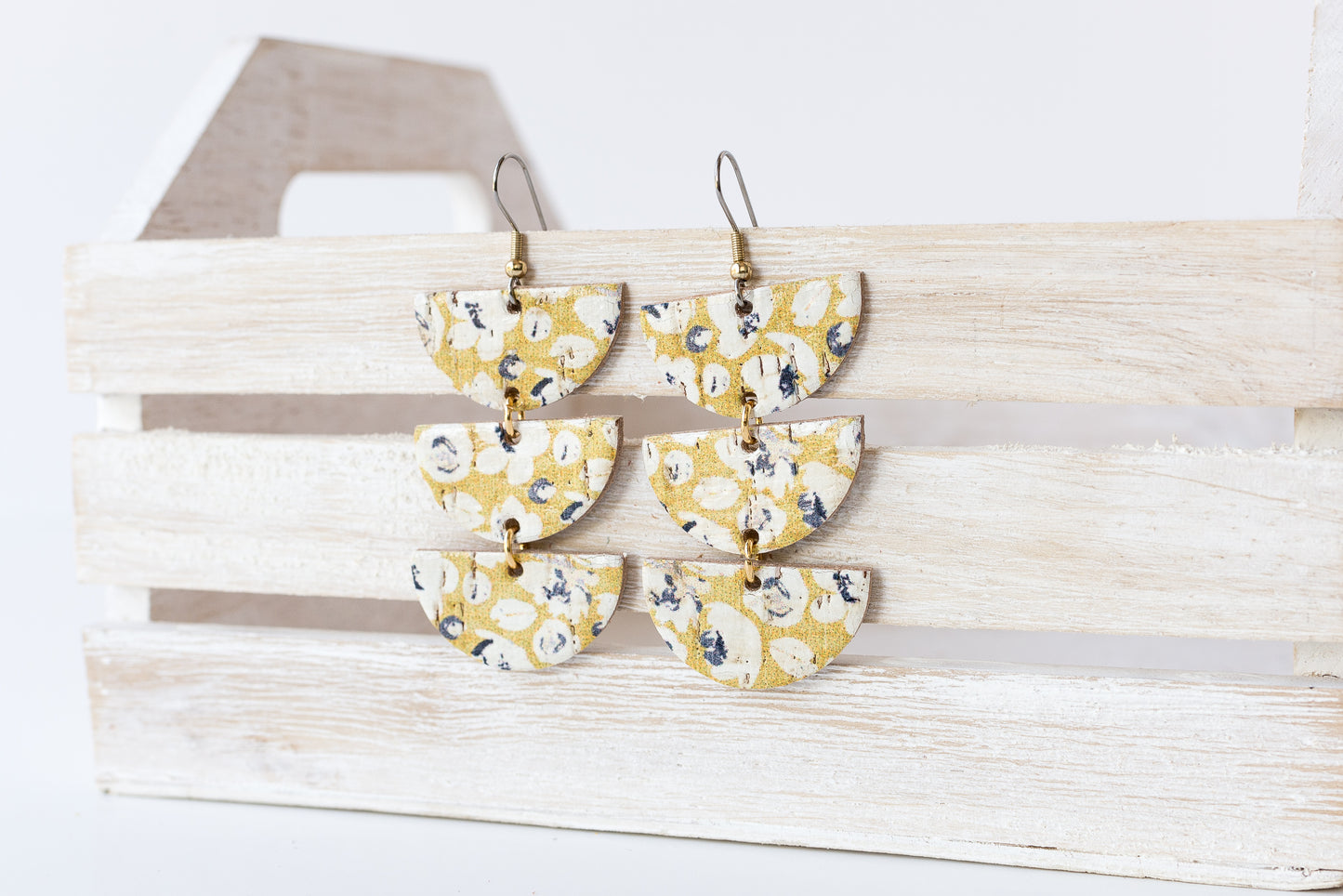 Leather Earrings / Tri Luna / Mustard Poppies Cork