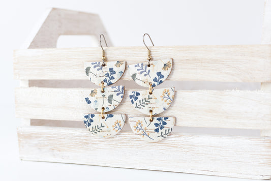 Leather Earrings / Tri Luna / Cottage Floral Cork