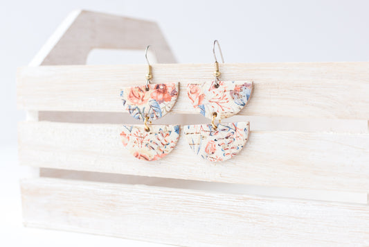 Leather Earrings / Demi Luna / Vintage Flowers Cork