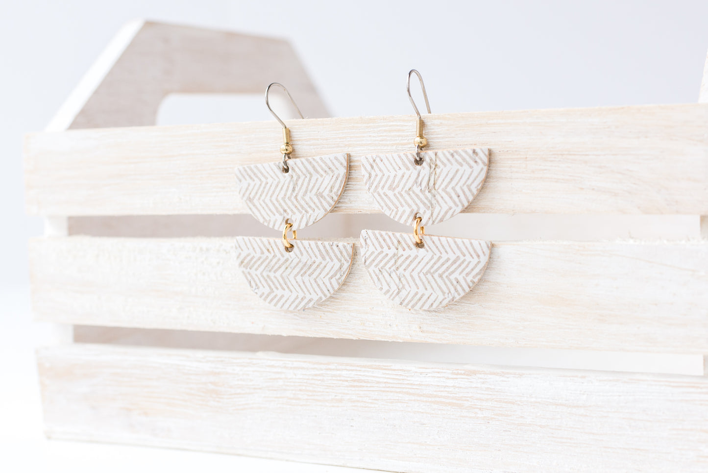 Leather Earrings / Demi Luna / Sand Herringbone Cork