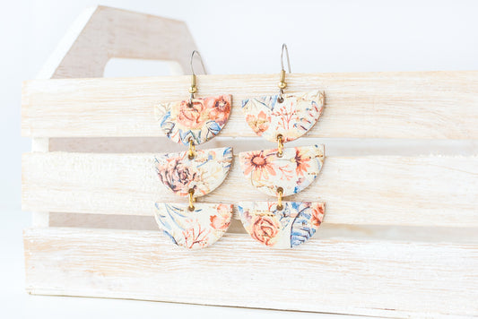 Leather Earrings / Tri Luna / Vintage Flowers Cork