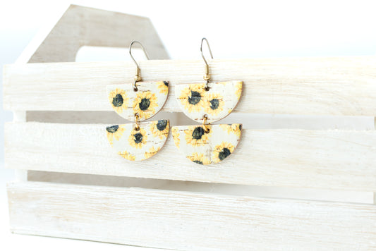 Leather Earrings / Demi Luna / Sunny Flowers Cork