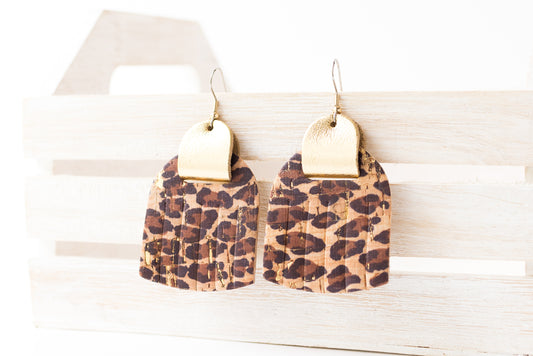 Leather Earrings / Fringies / Leopard Cork & Metallic Gold