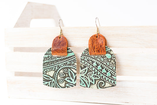 Leather Earrings / Fringies / Paisley Turquoise & Vintage Brown