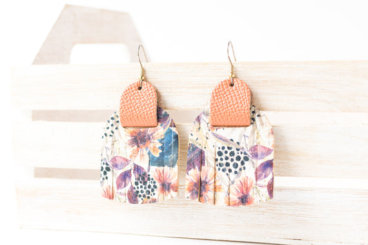 Leather Earrings / Fringies / Pressed Flowers Cork & Coral Sands