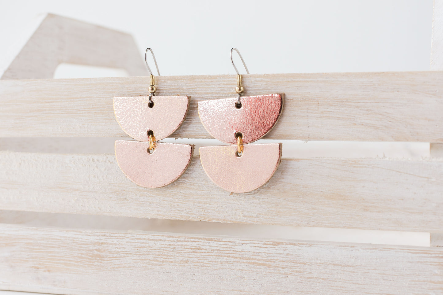 Leather Earrings / Demi Luna / Metallic Rosegold