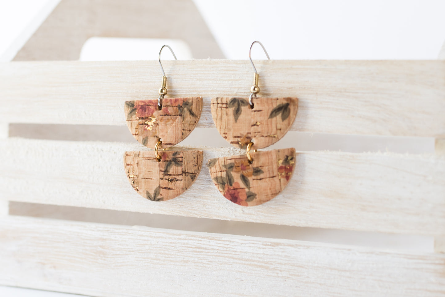 Leather Earrings / Demi Luna / Vintage Roses Cork