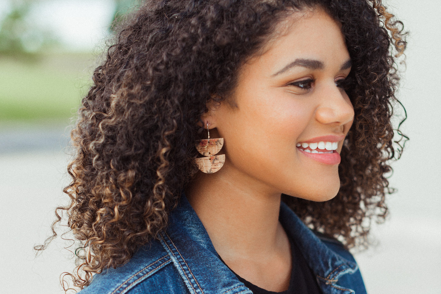 Leather Earrings / Demi Luna / Vintage Roses Cork