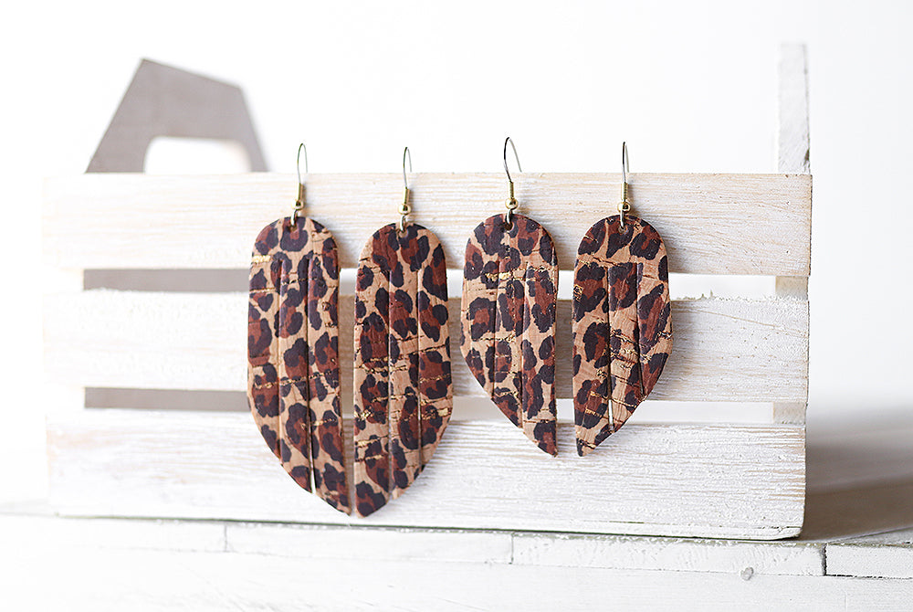 Leather Earrings / Mini Fringe / Leopard Cork