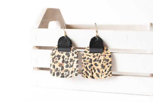 Leather Earrings / Fringies / Cheetah Cork & Metallic Black