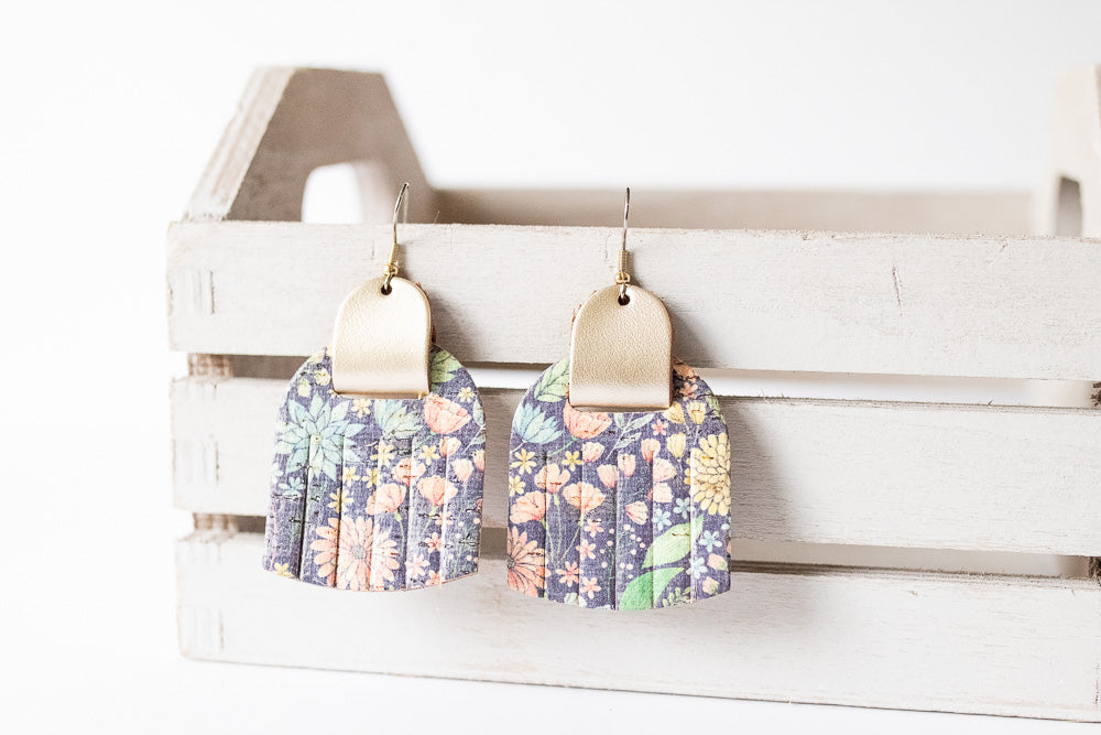 Leather Earrings / Fringies / Summer Gardens Cork & Metallic Platinum