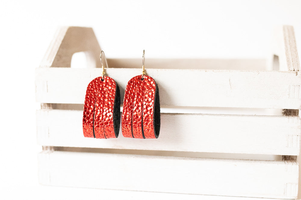 Leather Earrings / Mini Sliced / Red Dot Sparkle