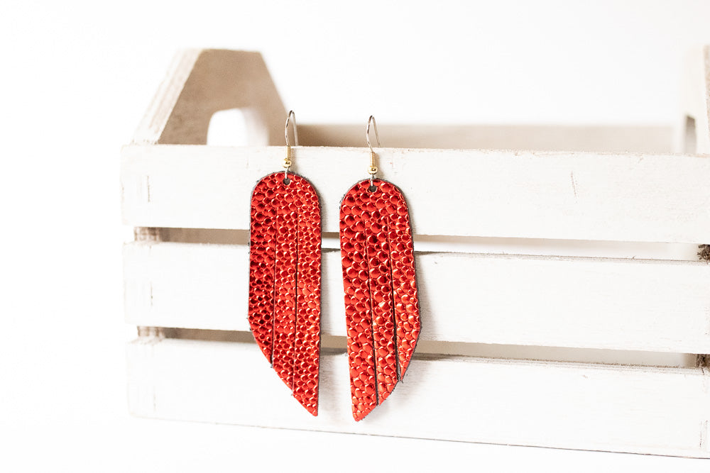 Leather Earrings / Fringe / Red Dot Sparkle