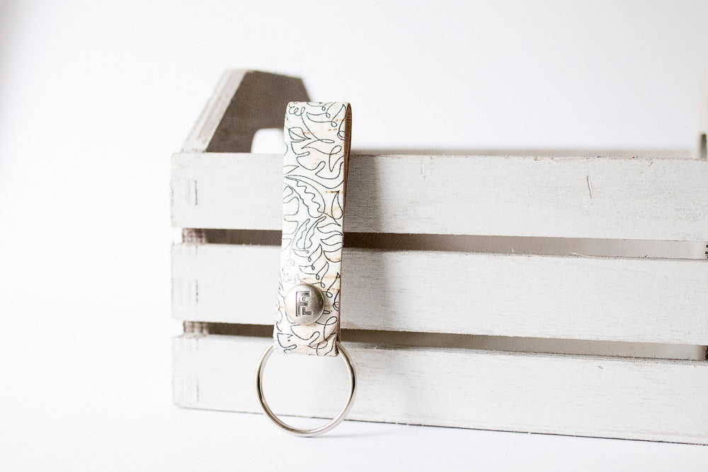 Leather Keychain / Snap Loop / One Line Art Cork