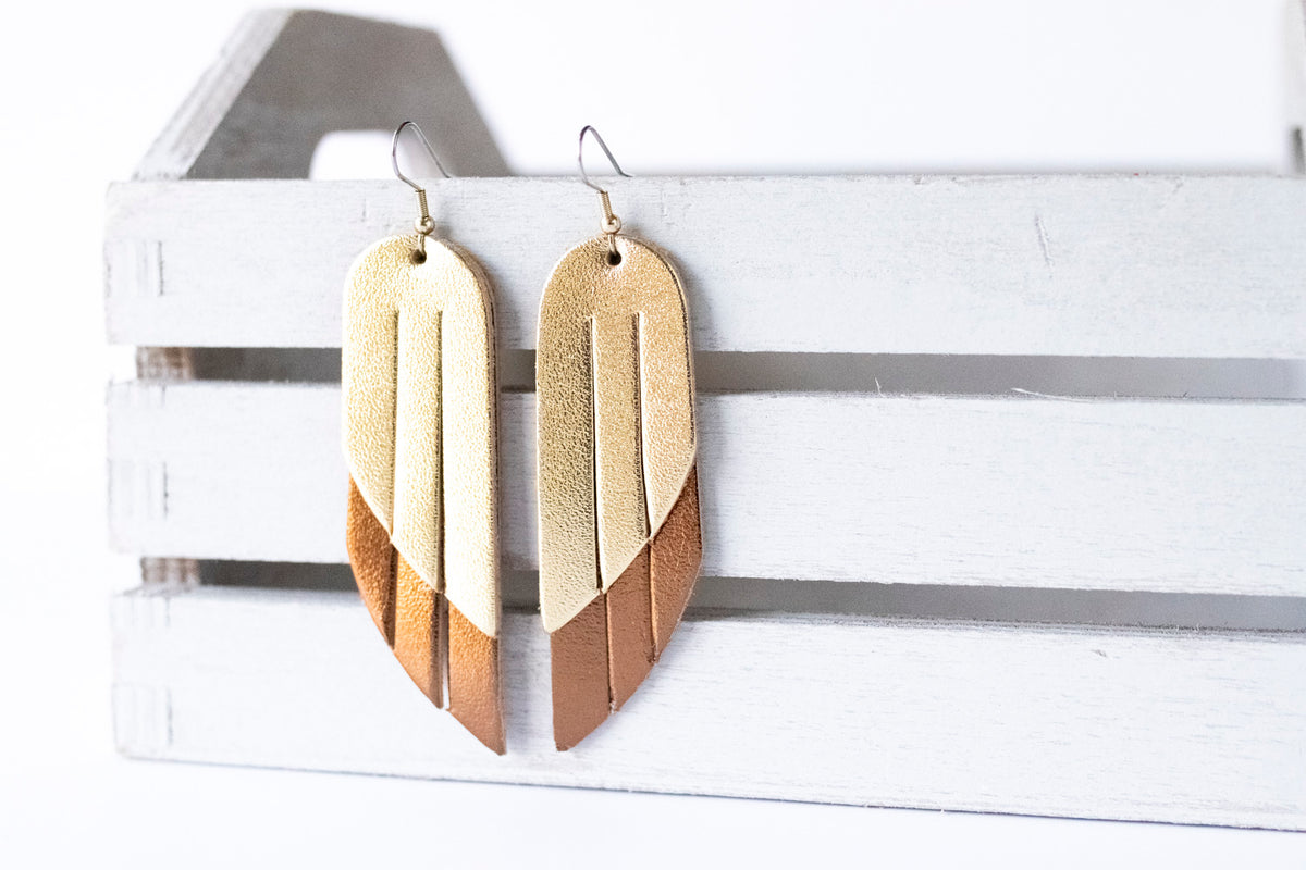 Leather Earrings / Double Fringe / Metallic Gold & Metallic Bronze