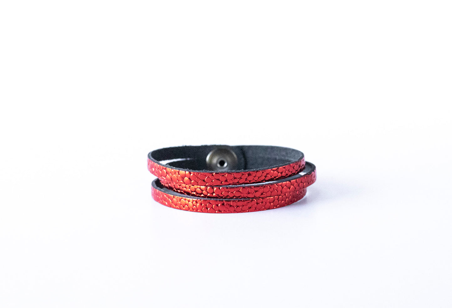 Leather Bracelet / Ultra Skinny Sliced Cuff / Red Dot Sparkle