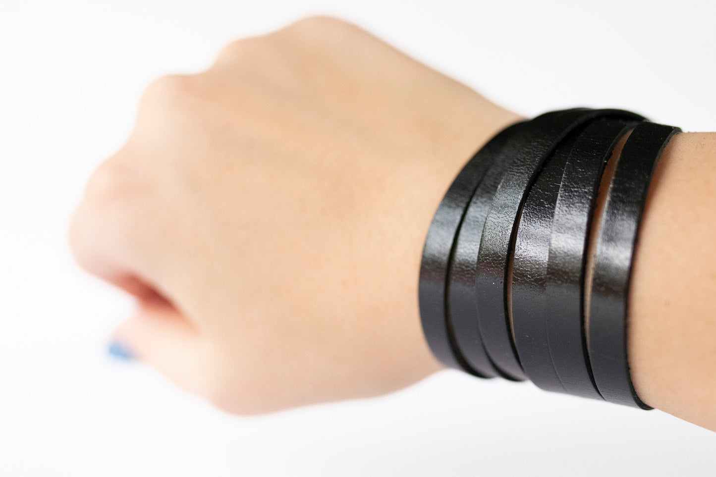 Leather Bracelet / Skinny Sliced Wrap Cuff / Metallic Black
