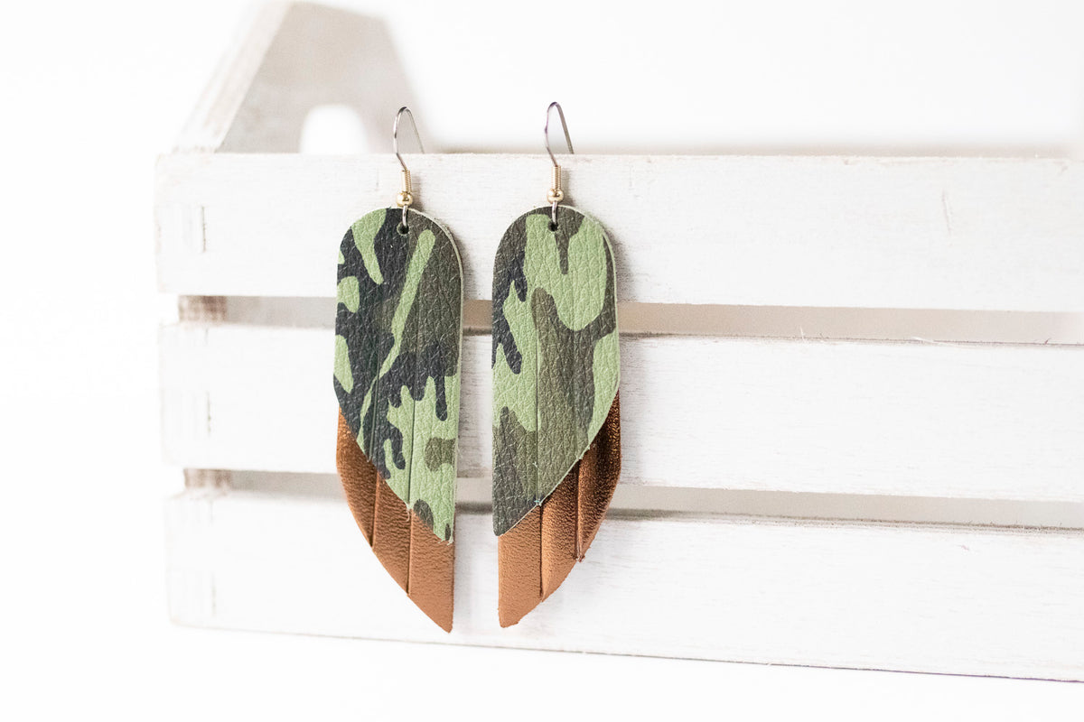 Leather Earrings / Double Fringe / Camo & Metallic Bronze