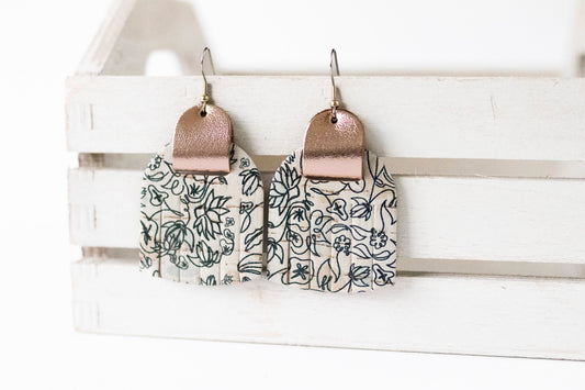 Leather Earrings / Fringies / Flourishing Bouquet Cork & Metallic Rosegold