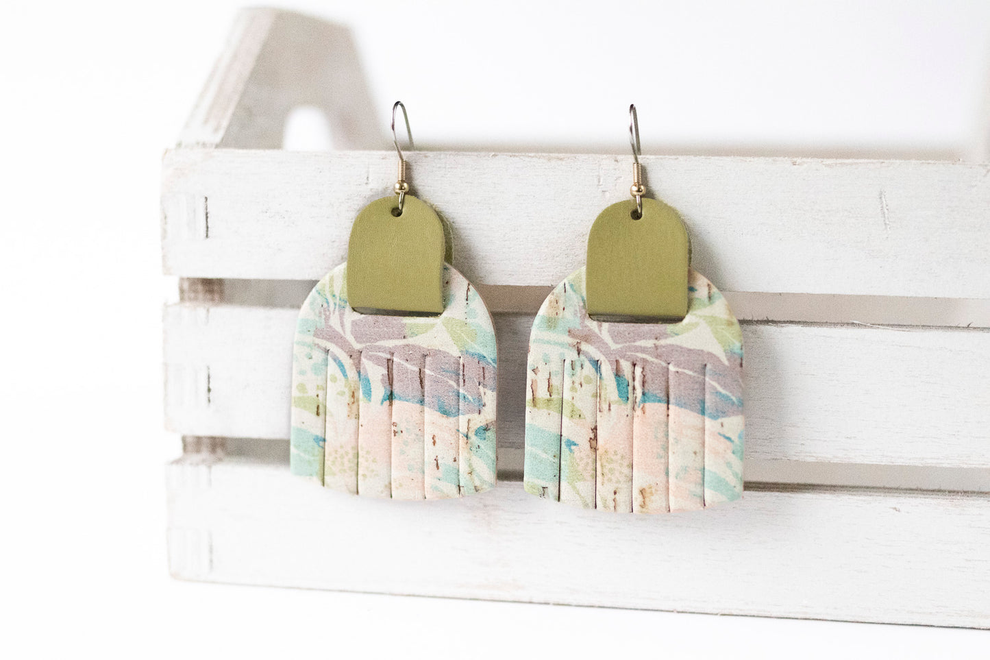 Leather Earrings / Fringies / Retro Palms Cork & Green Tea