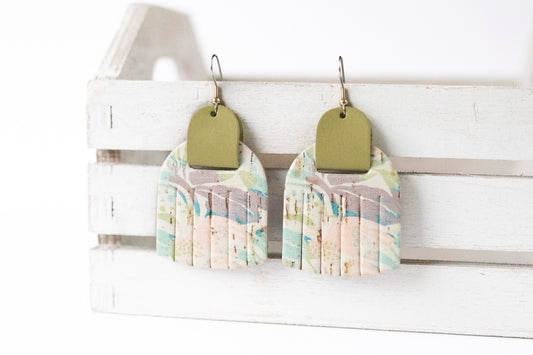 Leather Earrings / Fringies / Retro Palms Cork & Green Tea