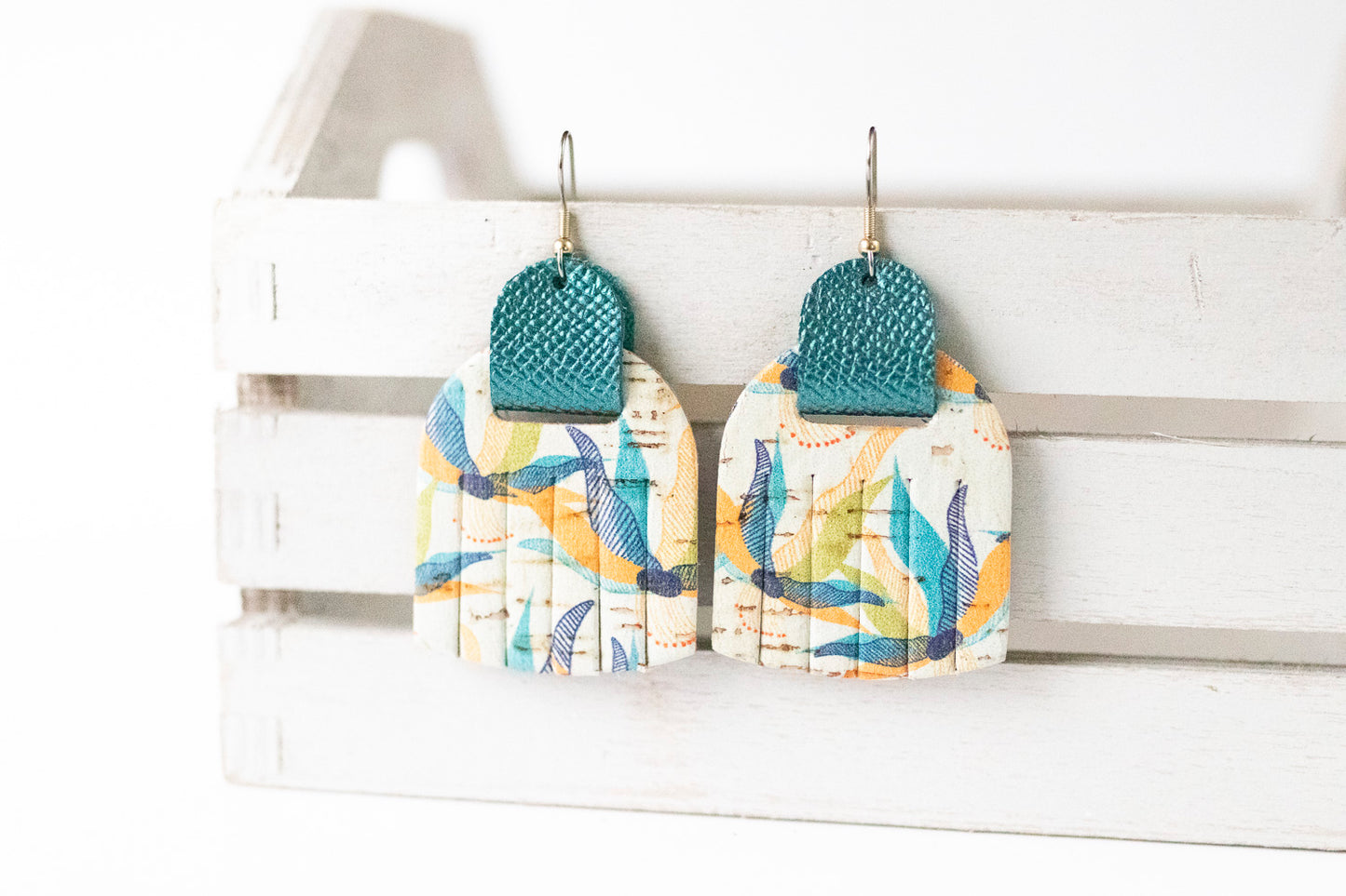 Leather Earrings / Fringies / Vibrant Ocean Cork & Teal Quartz Shimmer