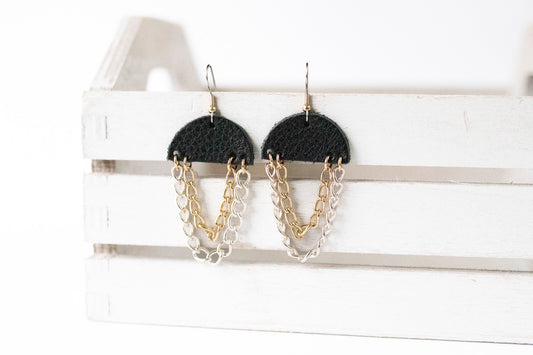 Leather Earrings / Chain Drop / Deep Black