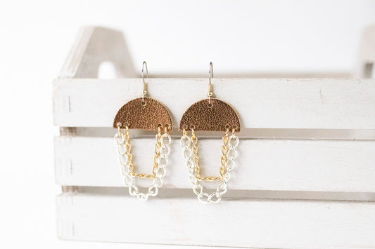 Leather Earrings / Chain Drop / Metallic Bronze