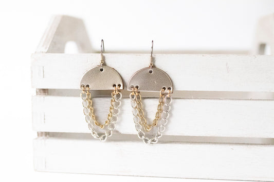 Leather Earrings / Chain Drop / Metallic Platinum