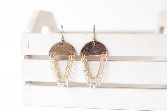 Leather Earrings / Chain Drop / Metallic Rosegold